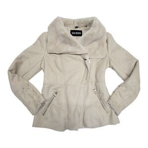 GUESS Womens Faux Shearling Lined Moto Jacket Medium Beige Asymmetric Zip